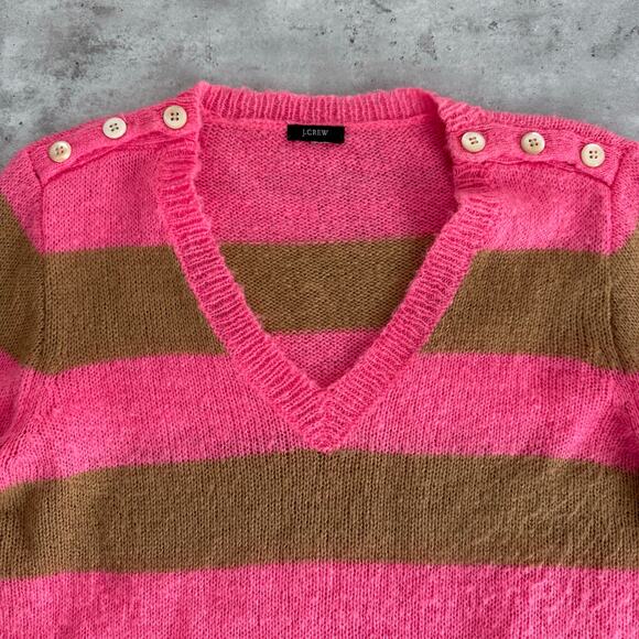 J.crew striped pink and tan mohair wool vneck sweater button detail - Picture 2 of 7